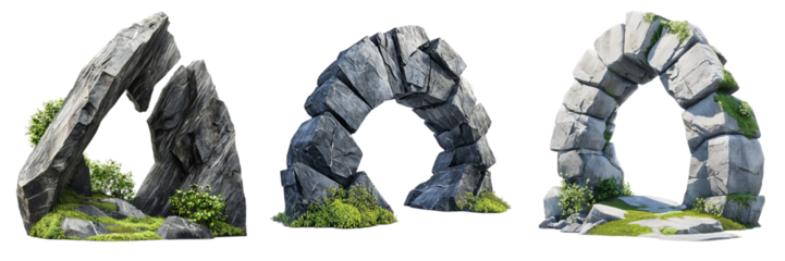 Png of Three Majestic Stone Arch Formations | Unique Geological Structures with Green Vegetation on transparent background.
