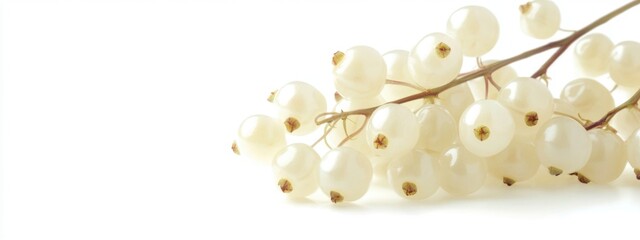 Fototapeta premium Cluster of White Berries with Delicate Stem Set Against Clean White Background Creating Minimalist Composition Ideal for Text Overlay