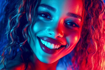 Attractive smiling mixed-race girl - for ads, banner and social media use. Long coiffure - beach waves hair. Commercial promotion concept layout visual design. Long colored inspiration.