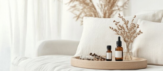 Fototapeta premium Chic minimalistic composition featuring textured white pillows and essential oils on a light wooden tray in a bright room with soft natural lighting.