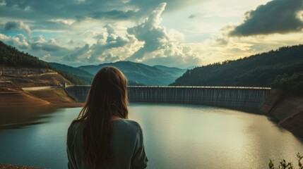 Serene woman with long hair gazing at tranquil lake view from dam surrounded by lush green hills and dramatic cloudy sky at sunset.