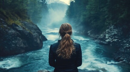 Fototapeta premium Serene woman with long brown hair standing near a calm river surrounded by lush green trees and misty mountains in the background