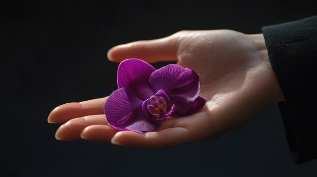 Elegant woman hand presenting a vibrant purple orchid flower petal against a dark background, highlighting beauty and nature's grace.