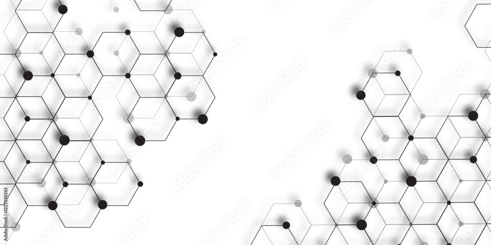 Leinwandbilder Molecular structure abstract tech background. Geometric white background black design with hexagons shape Science network pattern, connecting lines and dots Medical background, Vector illustration.
