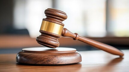 Wooden gavel resting on lawyer's desk with blurred courtroom background and ample empty space for legal text in warm brown tones
