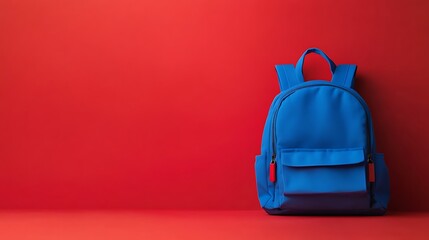 Blue backpack isolated on red knapsack school bag