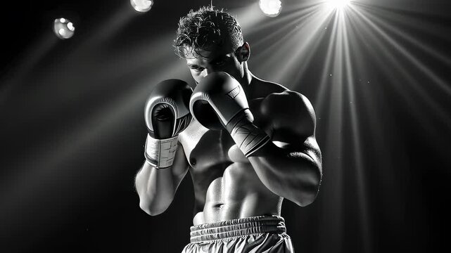 Young male boxer training under spotlight. Boxer focuses, arena lit. Athlete preparing intense match. Fight night ambiance, tension tangible. Dedication, spirit of combat sports.