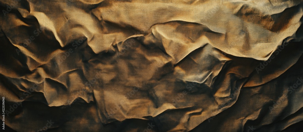 Poster damp brown linen fabric showcasing intricate wrinkles and textures on a flat surface with ample empt