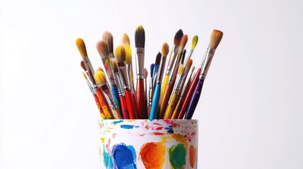 Colorful art supplies in a white pot with bright paint splatters, showcasing various paintbrushes, symbolizing creativity and artistic expression for children.