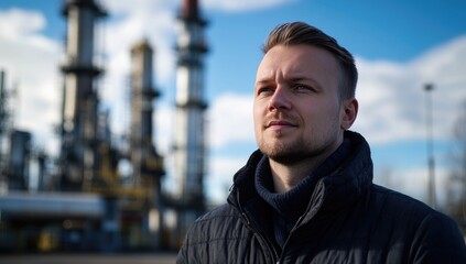 Fototapeta premium A man stands confidently against the backdrop of an industrial oil facility, sharing insights on the evolving landscape of energy production and the challenges faced by workers