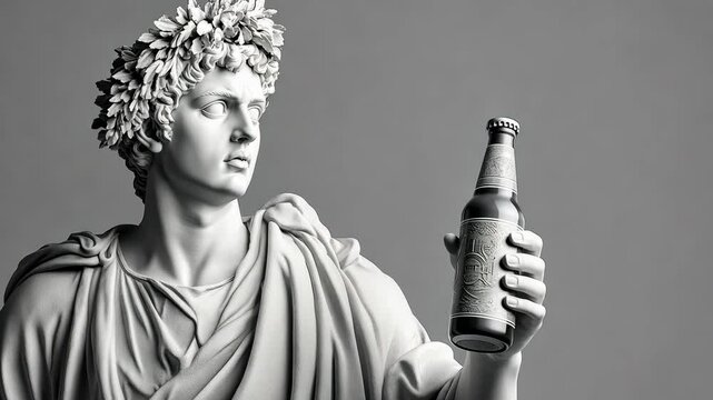 Ancient statue holding a modern beer bottle in a creative blend of history and contemporary culture