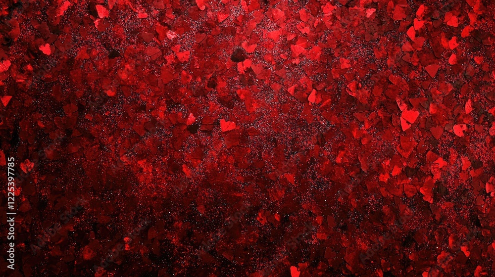 Poster red glittery texture background with heart-shaped sparkles and empty copy space for text ideal for f