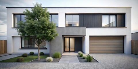 Fototapeta premium Modern two-story house with gray and white exterior, landscaping, and double garage door