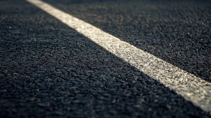 Close up of textured black asphalt road surface featuring white lane markings and empty copy space for advertising or signage on the left side