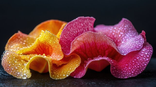 Vibrant close-up of gloxinia petals in orange, yellow, and pink with water droplets on a dark background, featuring blank space for text.