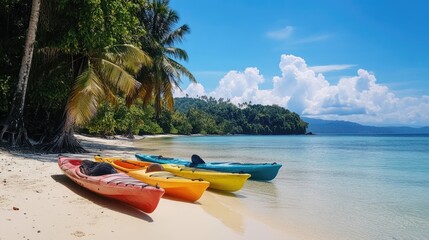 Fototapeta premium Colorful kayaks in vibrant hues of red, yellow, orange, and blue on a serene tropical beach with clear turquoise waters and lush greenery.