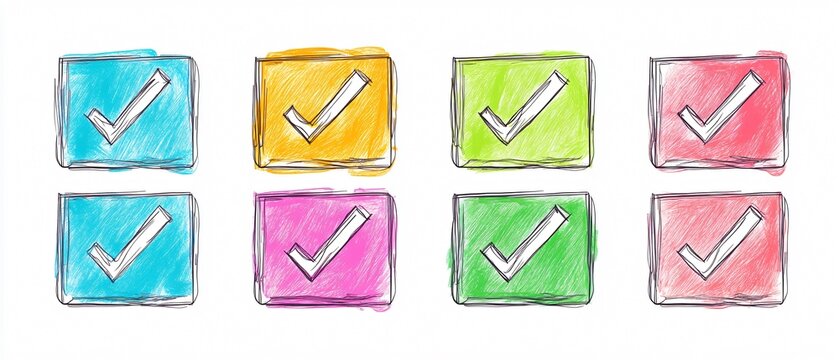 Vibrant Hand-drawn Checkboxes for Creative Projects - Colorful Sketches of Six Square Checkbox Designs