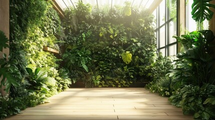 Lush Green Indoor Vertical Garden with Sunlight Pouring Through Large Windows in an Eco-Friendly Environment Concept with Wooden Flooring