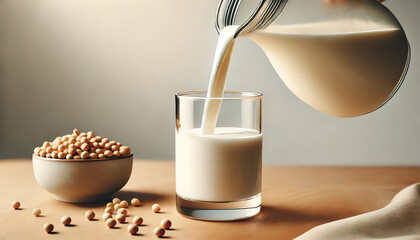 A clear glass filled with fresh, creamy Soy milk being poured from a pitcher