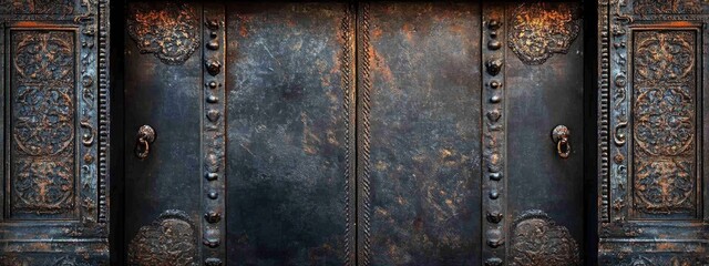 Intricately designed vintage metal door featuring ornate patterns in bronze and dark tones set against a textured background with ample copy space.