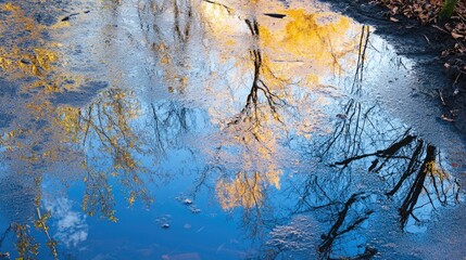 Tranquil Water Reflection of Trees and Autumn Colors in Ecological Environmental Pollution Test Site at Riverbank in Natural Light
