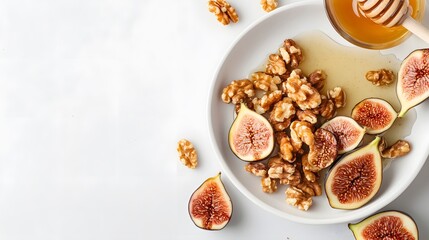 Fototapeta premium Fresh Figs and Walnuts with Honey on White Background