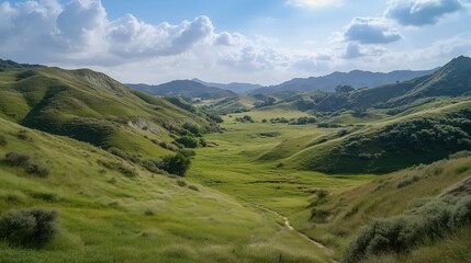 Naklejka premium The green valley unfolds with rolling hills and vibrant foliage, a perfect haven for exploration and discovery.