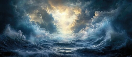 Obraz premium Dramatic seascape with ethereal light breaking through dark stormy ocean clouds creating contrast over turbulent waves and ample empty sky for text