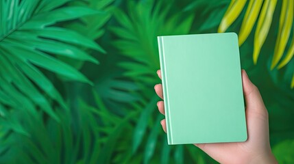 close-up of hand holding eco-friendly travel notebook with vibrant tropical plants in background overall composition