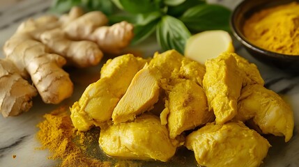 Boneless chicken pieces fresh ginger garlic turmeric coriander