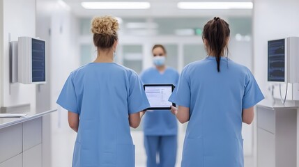 Obraz premium Healthcare Professionals Using Touchless Screens to Access Patient Records in a Modern Clinic