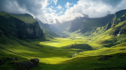 The green valley unfolds with rolling hills and vibrant foliage, a perfect haven for exploration and discovery.