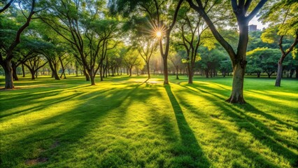 Serene Sunrise Illuminates Lush Green Park Landscape with Sunlight Filtering Through Tall Trees Casting Long Shadows on Vibrant Grass