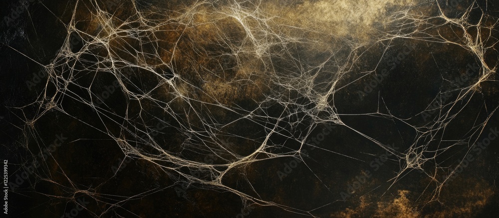 Poster close-up of delicate gossamer spiderweb against a dark background illuminated by soft natural light 