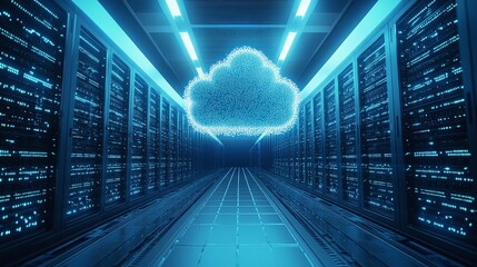 Obraz premium A glowing blue cloud-shaped hologram in a futuristic data center with servers, symbolizing cloud computing, big data, and technological innovation.