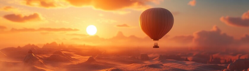 A hot air balloon drifts over a desert at sunset.