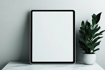 mockup blank white 3d tablet in vertical orientation sitting atop white marble desk with elegant plant beside it