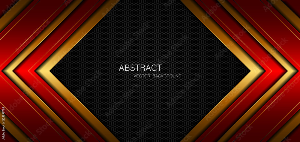 Poster Abstract red and gold polygon with golden lines on dark steel mesh background with empty space for design. modern technology innovation concept background	