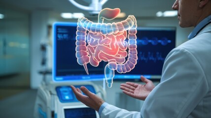 Doctor Presenting Holographic Model Of Human Digestive System