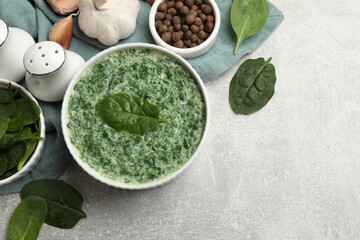 Delicious spinach sauce served on grey table, flat lay. Space for text