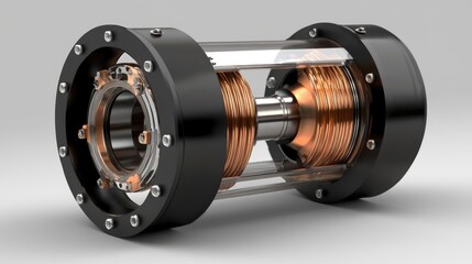 Industrial Slip Ring for Power Transmission with copper coils and transparent casing, detailed design showcasing electrical components on a grey background.