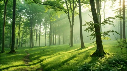 Obraz premium Serene Forest Path with Sunlight Filtering through Green Trees
