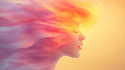 blurry creative rendition of vibrant petals swirling to form female silhouette with glowing abstract lines under natural