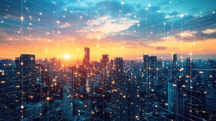 Fototapeta premium Vibrant modern city skyline illuminated by sunset with tall skyscrapers and digital data exchange symbols against a colorful sky