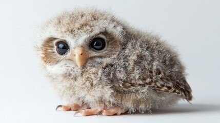 Fascinating fluffy baby owl perched on a white background showcasing nature and wildlife details with large expressive eyes and soft feathers.