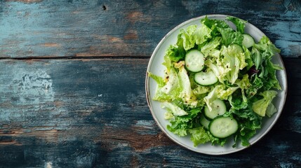 Obraz premium Fresh Green Salad of Lettuce and Cucumber on Rustic Wooden Table with Ample Copy Space for Text or Logo in Minimalistic Food Background