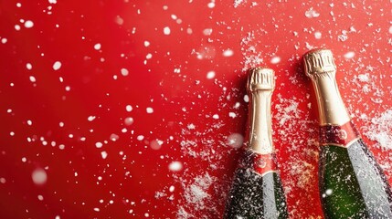 Fototapeta premium Santa Claus toasting with champagne bottles on vibrant red backdrop surrounded by falling snowflakes, capturing festive celebration spirit