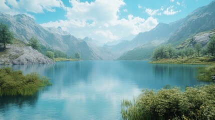 Fototapeta premium Tranquil mountain lake landscape featuring clear blue waters surrounded by majestic mountains and lush green vegetation under a bright blue sky