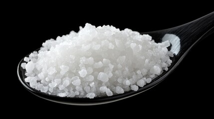 Close-Up of Spoon Scooping Coarse White Salt on Black Background with Empty Copyspace for Culinary Text or Recipes