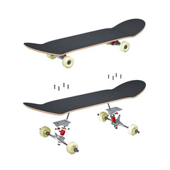 Exploded view of professional skateboard with all components in white background. 3d rendering.